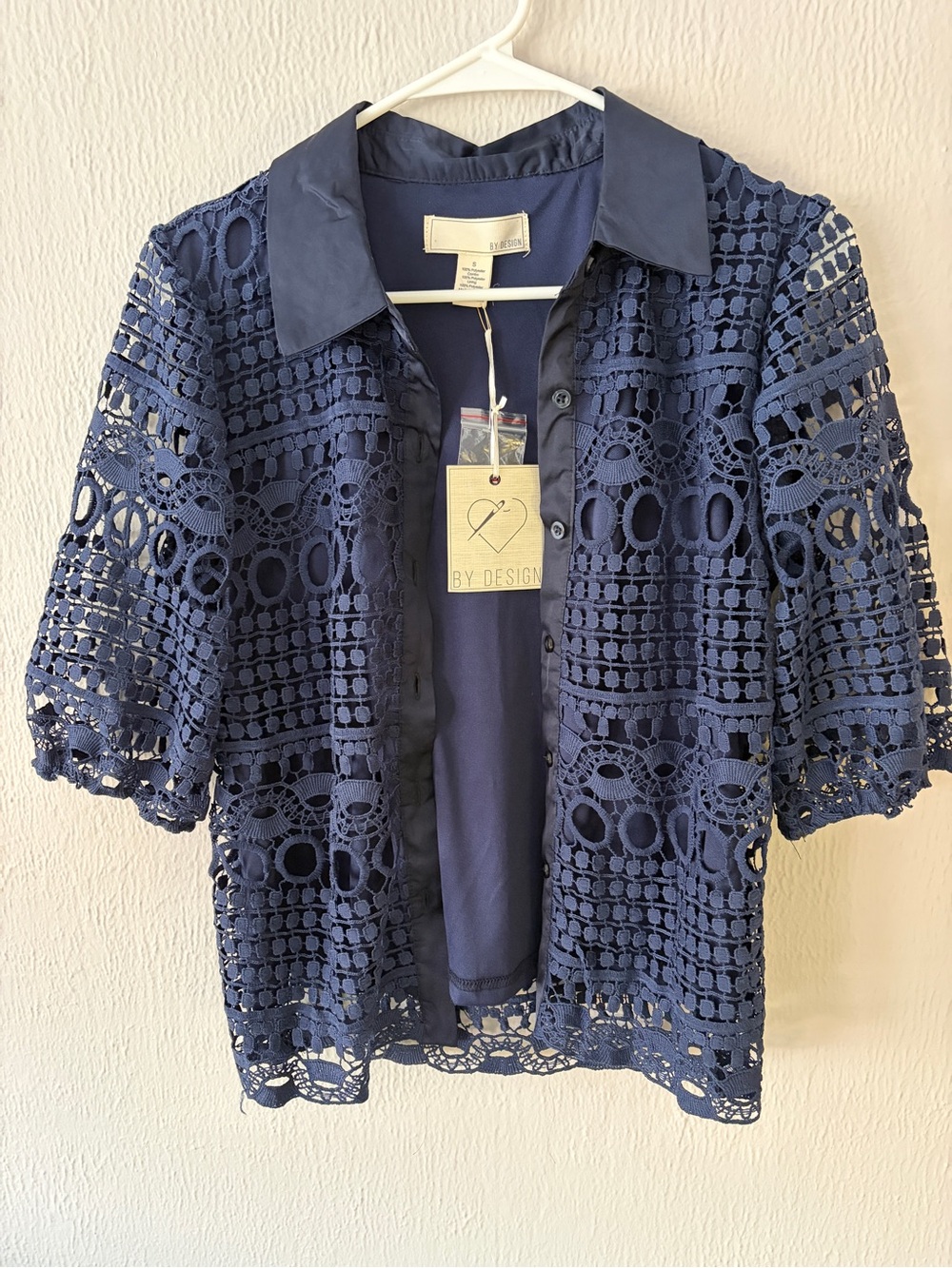New with tags! By Design Navy Lace Crochet Button-Front Blouse Size S
